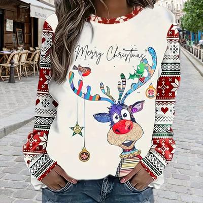 Tops For Women Christmas Deer Print Round Neck Long Sleeve T-shirt Fall Casual Slim Pullover Women's Long Sleeve Top