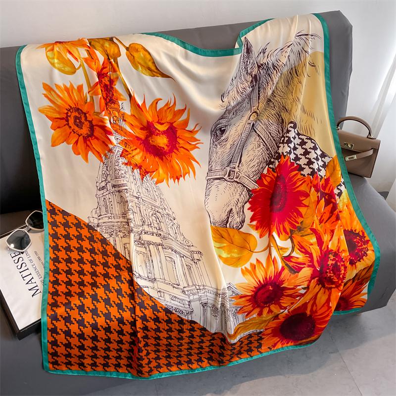 110x110cm Women Silk Square Scarf Hijab Female Design Print Lady Shawl Wraps Foulard Headbands Bufanda Large Bandana Luxury