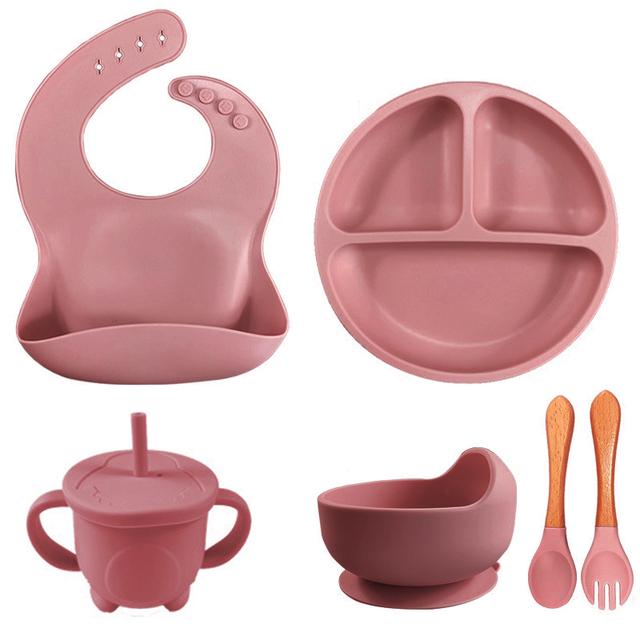 6PCS Baby Plates Children's Feeding Soft Silicone Bowl Plate Cup Bibs Spoon Fork Set Non-Slip Cartoon Dishes For Kids BPA Free