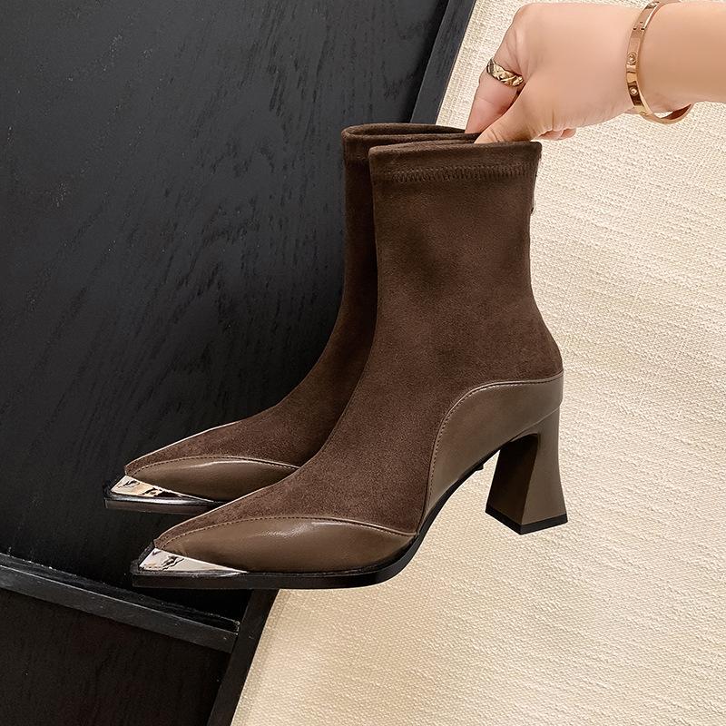7.5CM French Elegant Elastic Thin Boots 2025 Autumn and Winter New Pointed Thick Heel Zipper Temperament Small Short Boots