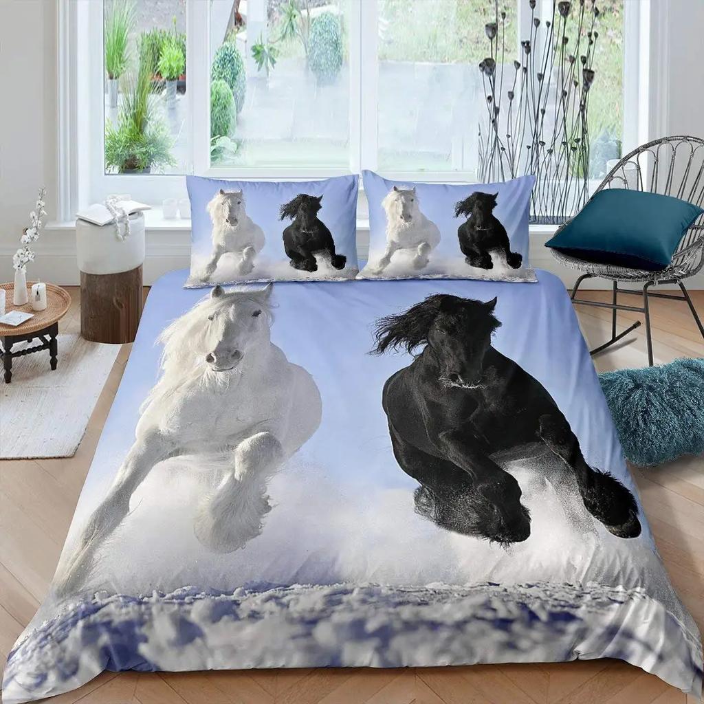 Galloping Horse Duvet Cover Set Western Cowboy Farm Animal Bedding SetBamboo Mountain Ink Painting Firforest Folk Style Bed Set