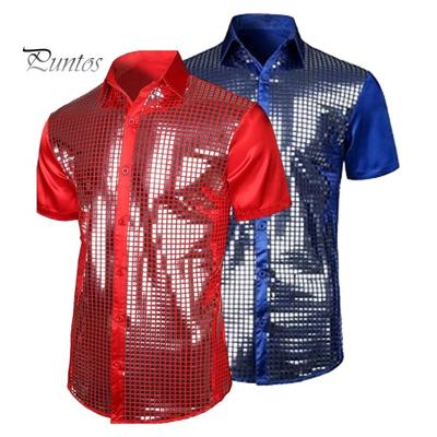 Men Performance Shirt Shiny Surface Turn-down Collar Single-breasted Long Sleeves Buttons Satin Club Party 70s Disco Stage Show