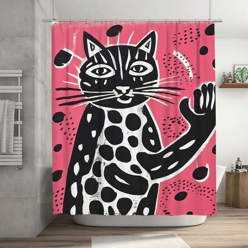

Black And White Cat Shower Curtain Modern Bathroom Decor With Eye-Catching Animal Print Design For Home Decoration Pink Backgrou W60H190(CM)-1 Pcs