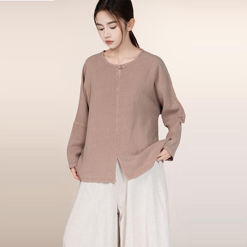 

Льняной пуловер ручной работы с пуговицами в виде лягушек.: Свободный топ в стиле ретро с круглым вырезом, короткими/длинными рукавами, для женщин, весна/лето. One Size