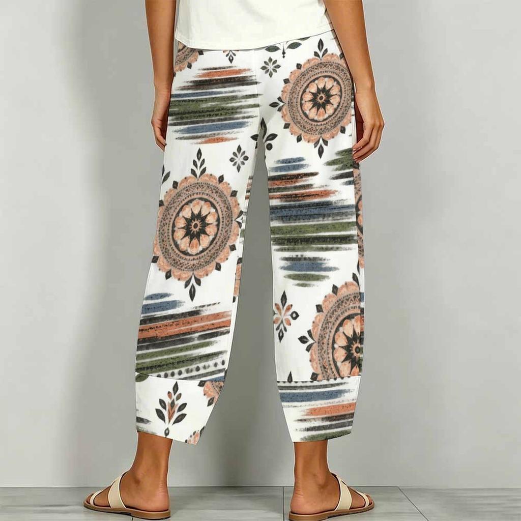Women Plus Size Floral Printed Loose Cross Hem Cropped Pants