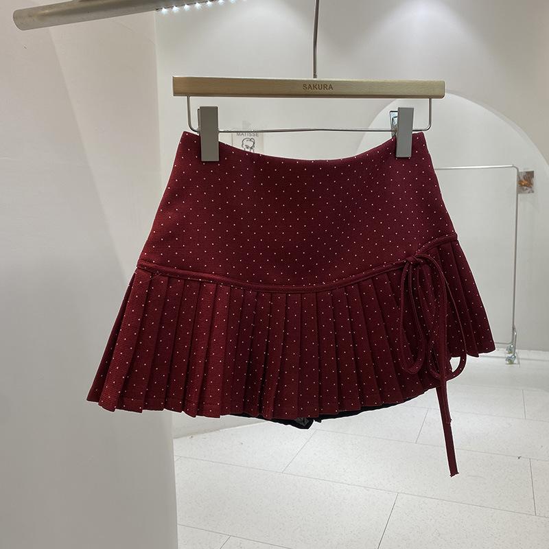 Women's High Waist Red Polka Dot Pleated A-Line Skirt - Anti-Exposure, Autumn/Winter, Short, Bow Detail, Petite Fit