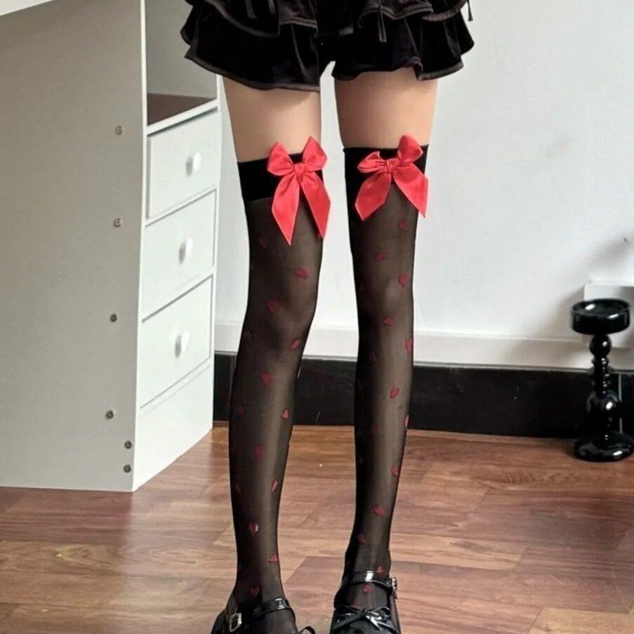 Mu Ruan Christmas Sweetheart Love Pattern Red Bow Knee-High Stockings