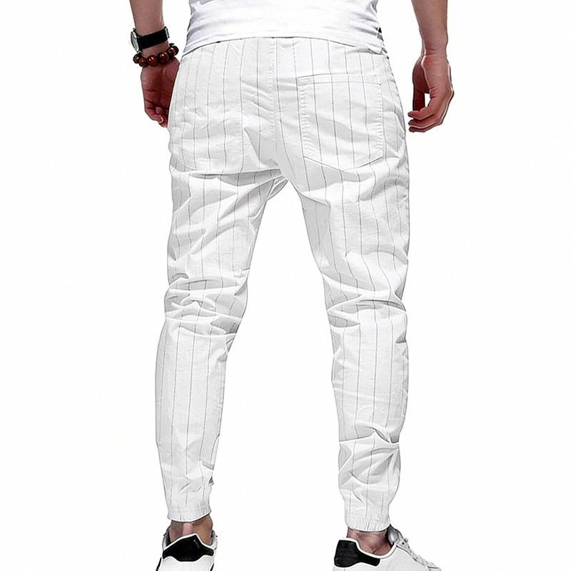 Mens Loose Casual Linen Striped Jogger Pants Straight Leg Commuter Trousers