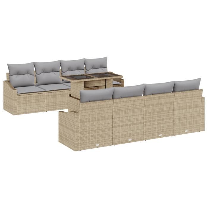 VidaXL Set de canapé de jardin 9 pièces avec coussins Beige Poly Rotin 3348966