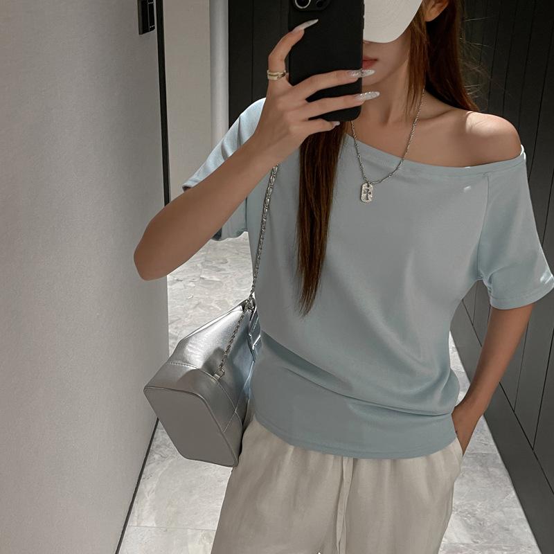 Loose One-word Shoulder Short-sleeved T-shirt Women's Solid Color Lazy Style Versatile Casual Design Niche Bottoming Shirt