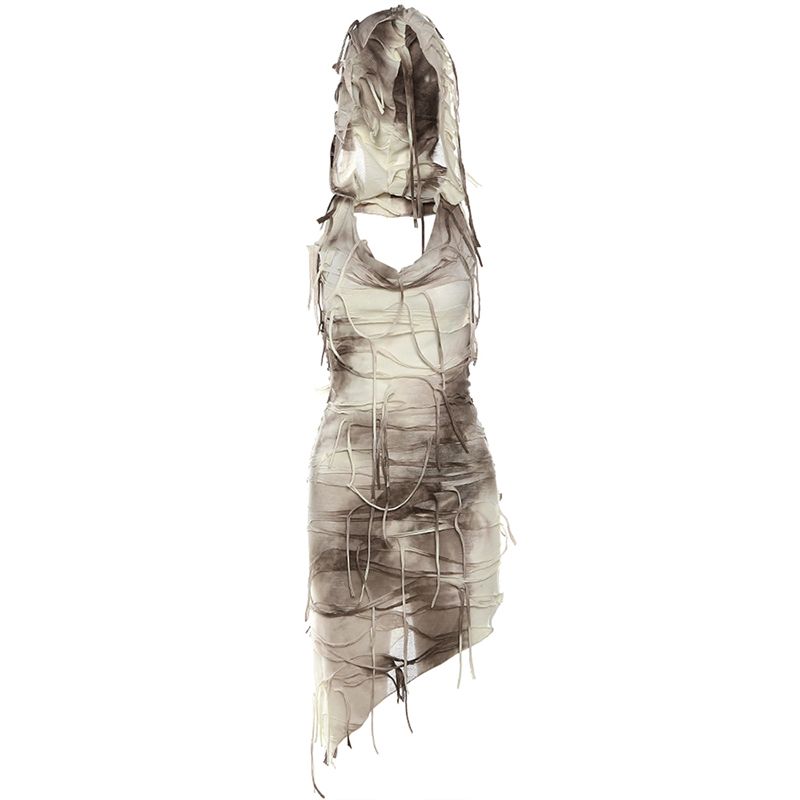 

# Sisjuly# Легкий стиль субкультуры Отходы Почва Асимметричное Поношенное Ретро Тай-дай Элегантное Платье с капюшоном Женская мода Khaki S