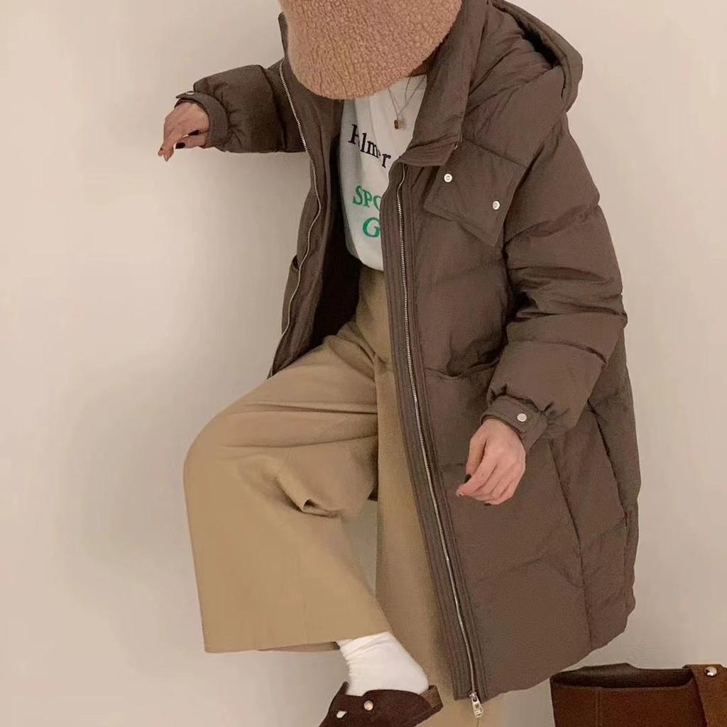 Thickened long down jacket light luxury women's winter new white duck down jacket loose straight version warm and thin jacket