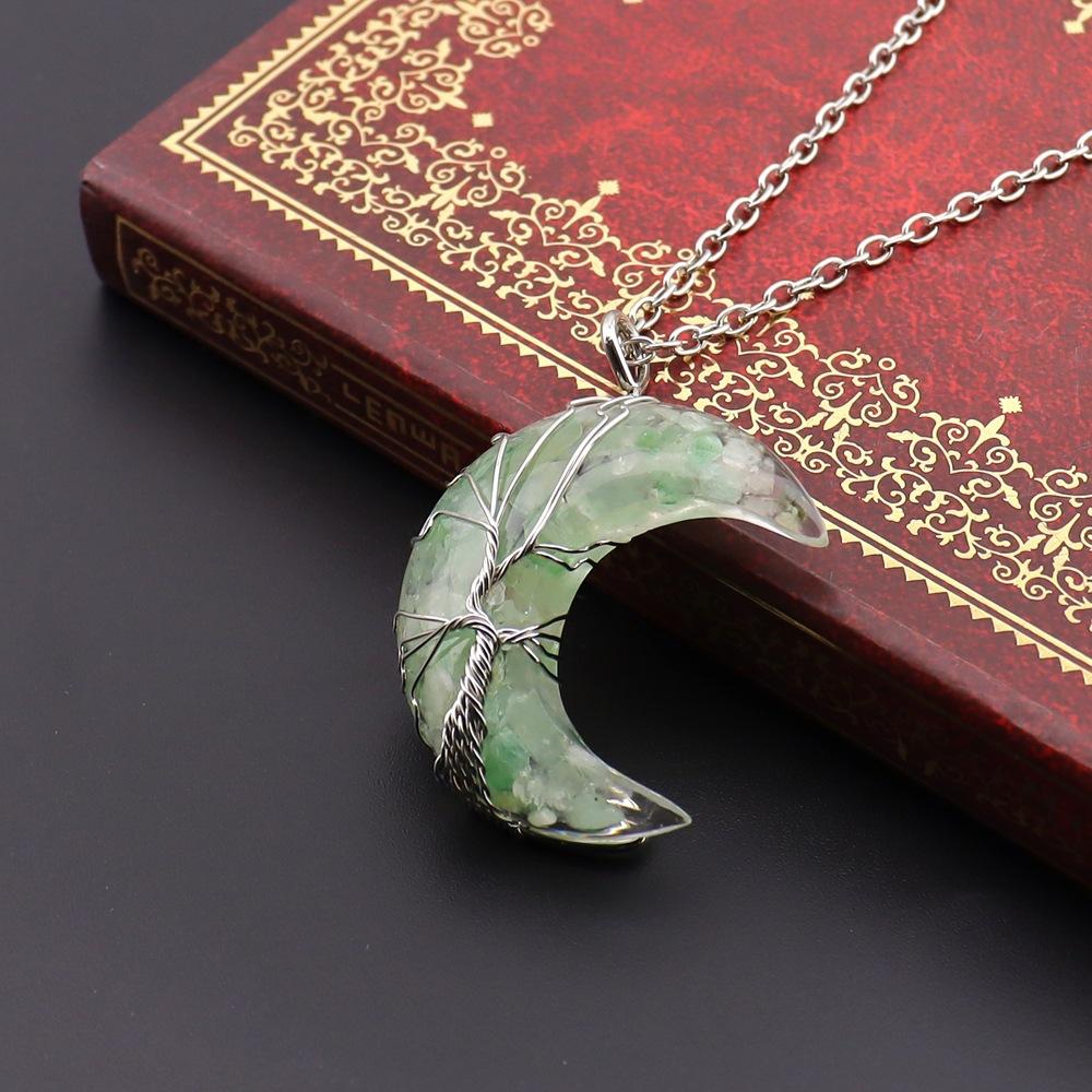Chakela Natural Crystal Gravel Resin Winding Tree Of Life Moon Pendant Crescent Necklace N755