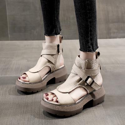 Fashion 2025 New Summer Shoes Retro Genuine Leather Wedges Platform Peep Toe High Heel Fish Mouth Black Women Sandals