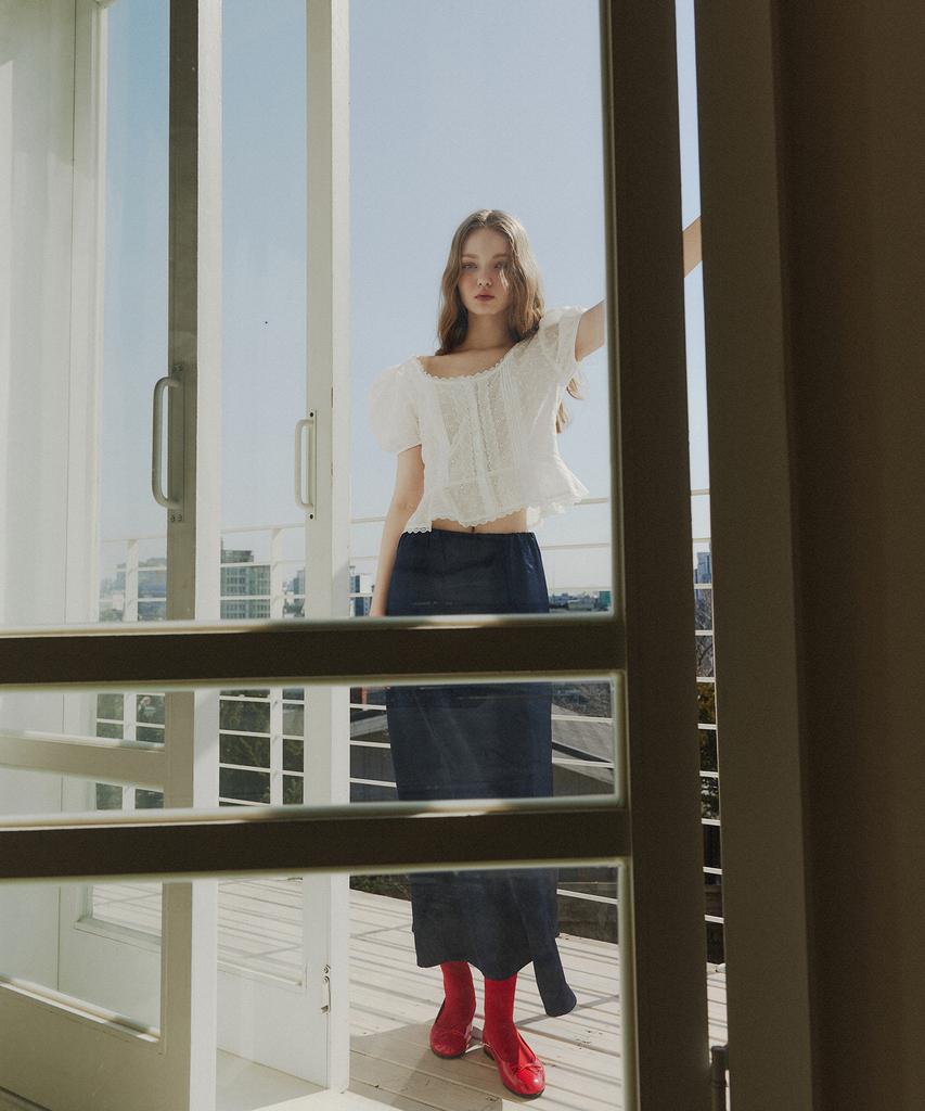 Green Butter Silky Banding Skirt (Navy)