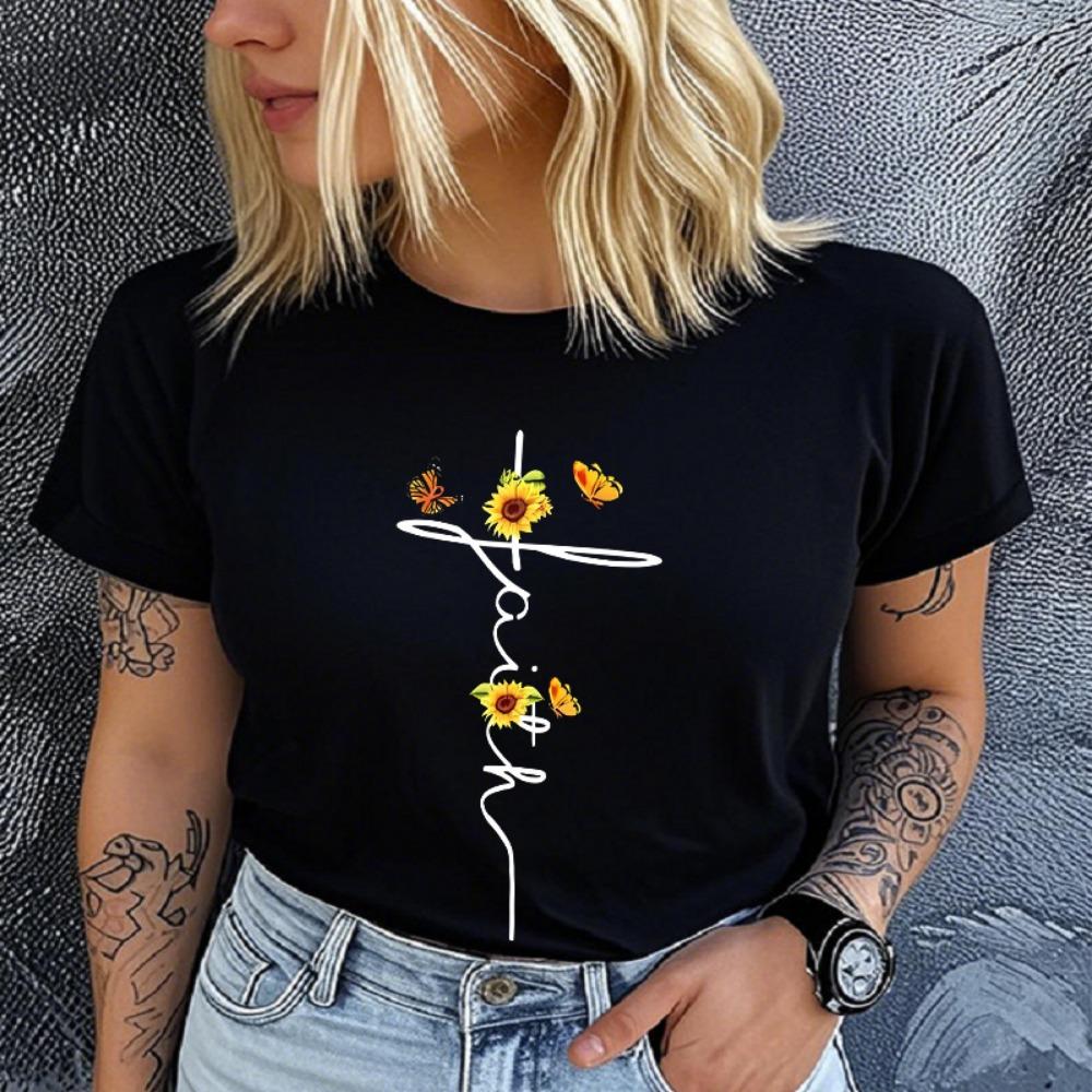 

Short Sleeve Butterfly Kiss Sunflower Print Women s Round Neck Casual T-shirt Summer Short Sleeve T-shirt Summer M