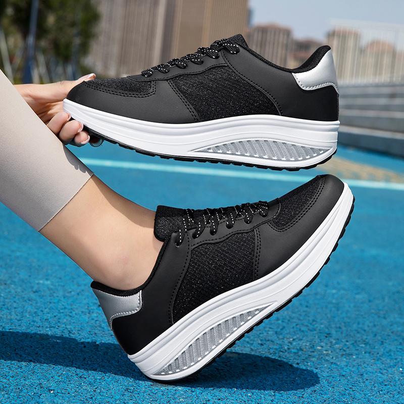 White Leather Fashionable Round Toe Rocking Shoes Casual Women Comfortable Thick Sole Sloping Heel Outdoor Sports Shoes Black