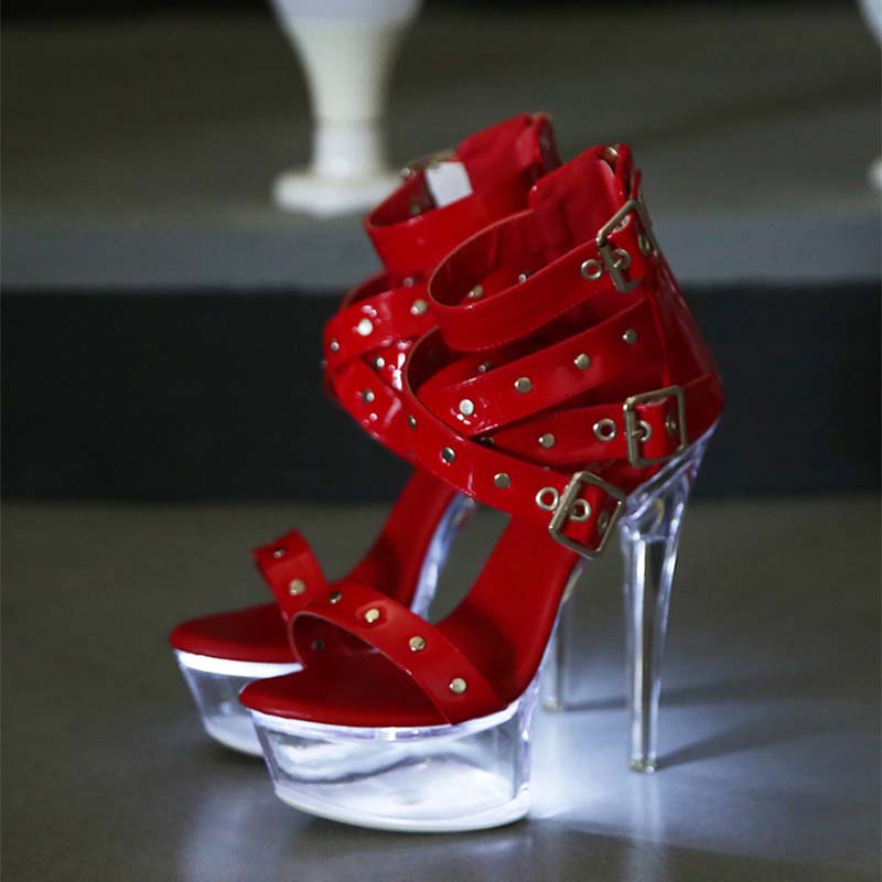 Damesko Luminous Rivet Pull ROMAN SANDALS Rasksalg Gjennomsiktige høye hæler 13cm hæl 3cm Plattform LFD