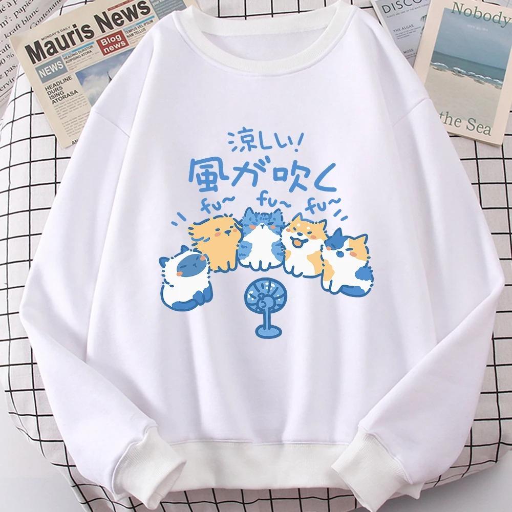 5 Cats Blowing Fans Cute Printed Sweatshirt Women Personality Casual Hoodies Crewneck Hoodies Fashion Cartoon Clothing