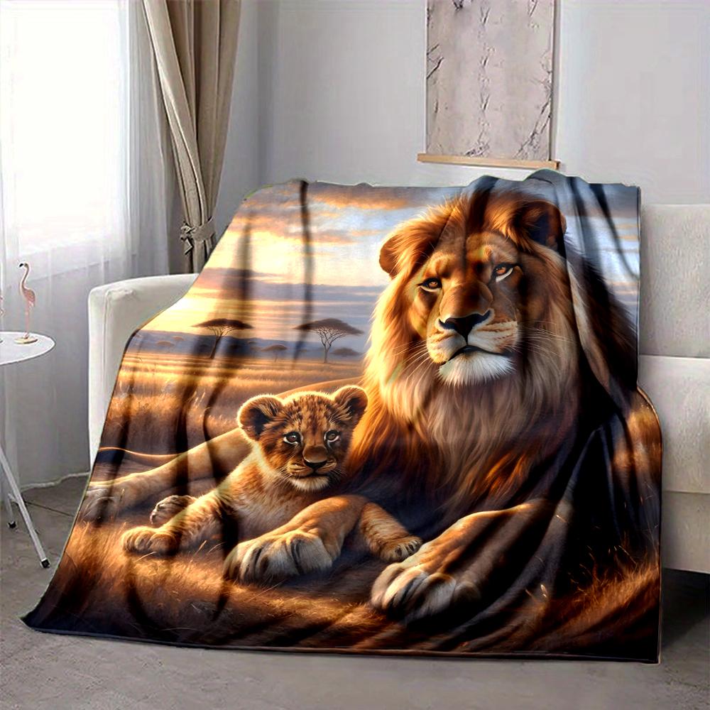 1Pc Lion Family Sunset Blanket Soft And Comfortable Casual Warm Camping Travel Christmas Halloween Xmas Gift M924422
