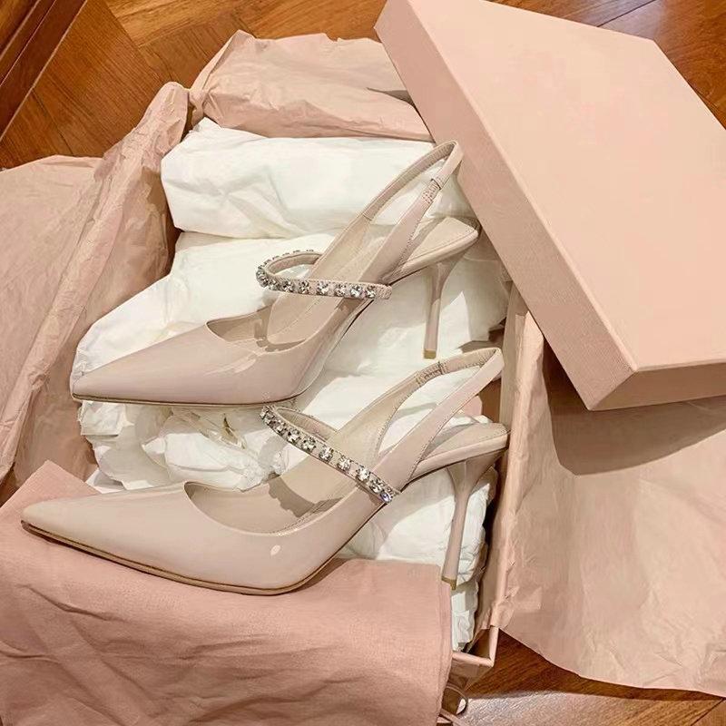 Fashion Pointy Rhinester Nude Sandals For Women 2025 Summer Fine Heel Patent Leather French Fairy Style High Heel Single Shoes