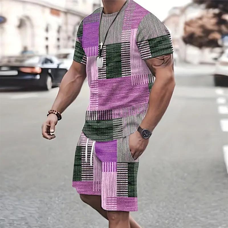 Summer Men's New Spliced Printed Pattern Breathable Round Neck T-shirt and Shorts Outdoor Skin Friendly Casual Two-piece Set