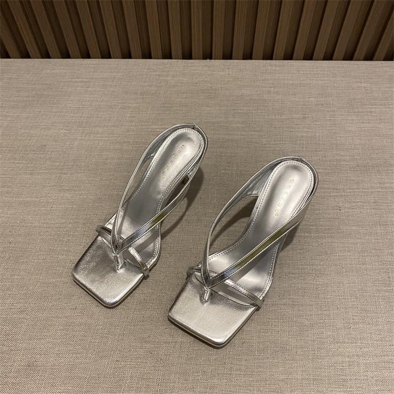 Fashion 2024 Summer Silvery Women Slippers Fashion Elegant Narrow Band Open Toe Slides Shoes Ladies Outdoor Dress High Heel