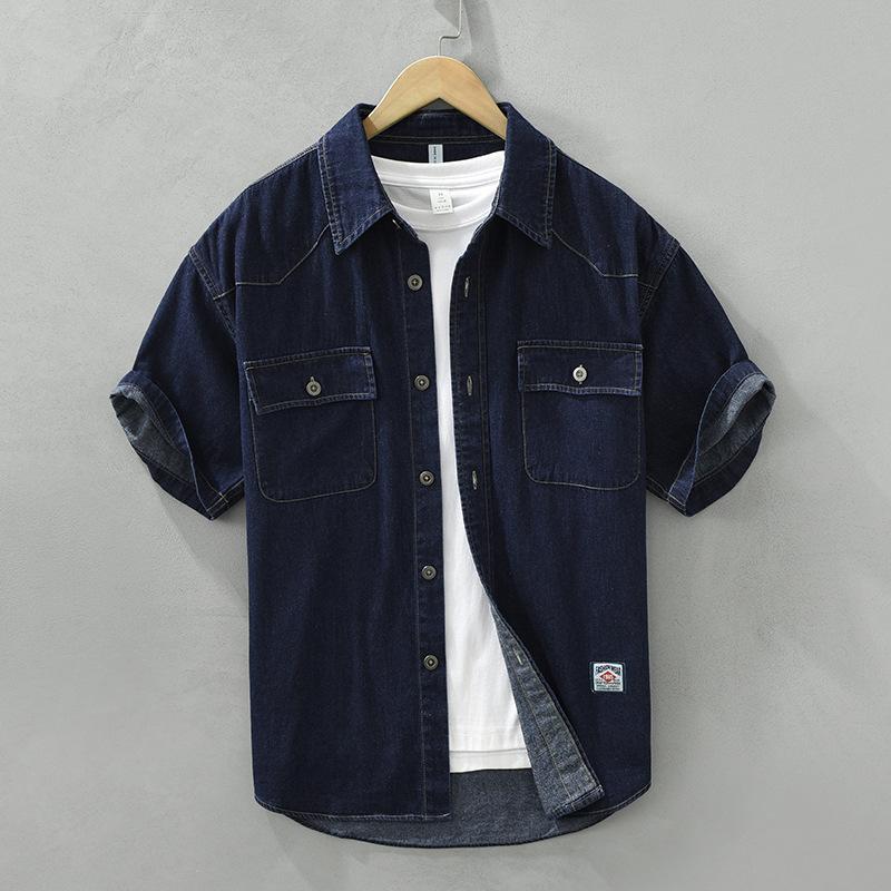 

Мужская литературная и рабочая одежда для отдыха, джинсовая рубашка, молодежная рубашка свободного кроя с воротником и короткими рукавами XS