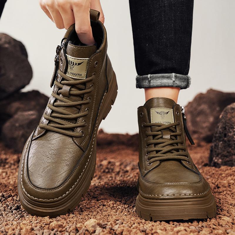 New Men's Mid-High Top Boots Round-toe Cycling Shoes Casual Work Fashi Outdoor N-slip Trendy Versatile Business Leather Shoe