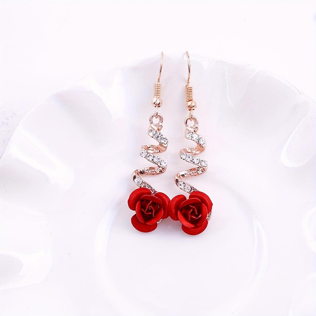 Red Rose Earrings for Women, Golden-Tone Metal Dangle Jewelry Elegant Daily Wear Party Gift