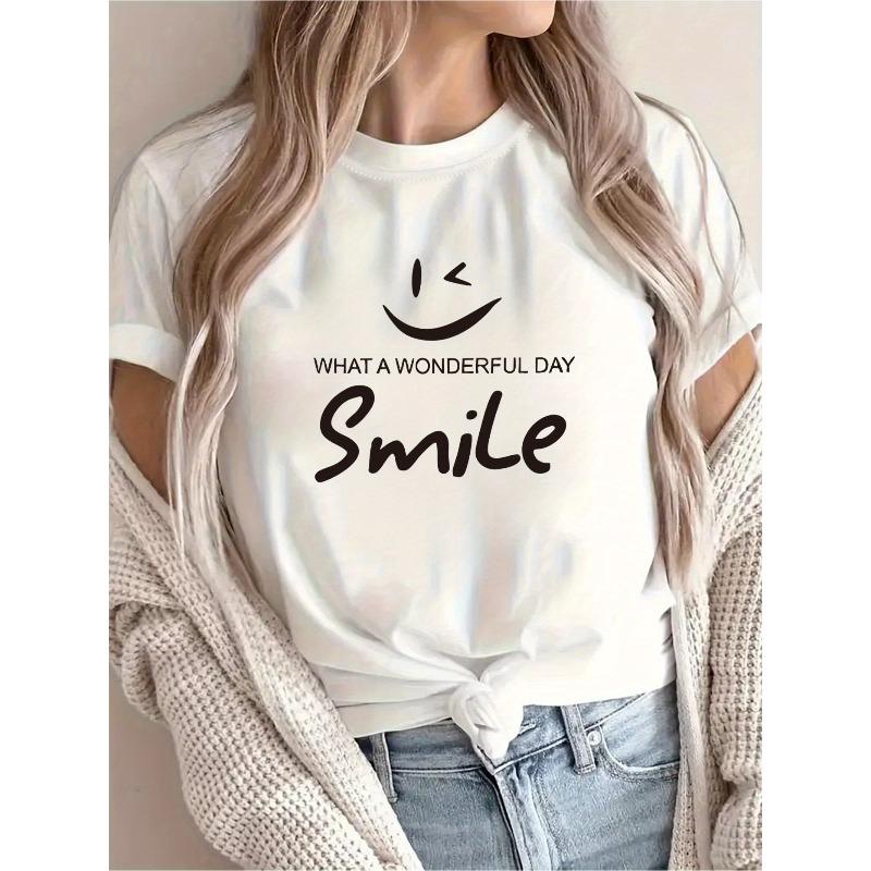 

European Size Women S What a Wonderful Day Smile Graphic T-Shirt - Bright Yellow, Casual Crew Neck, Short Sleeve, Spring/Summer Casual Wear S белый