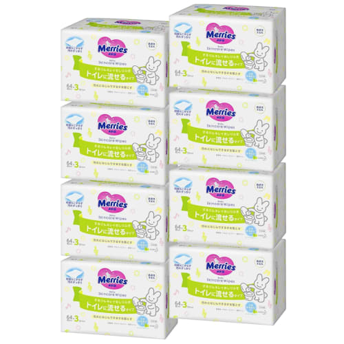 Merries Sururin Kirei Baby Wipes, Flushable (64 Sheets X 3 Packs) [x8]
