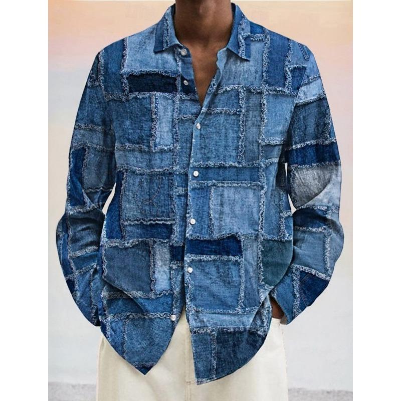 Herren Geometrisches Color Block Hemd Button-Up Hemd Langarm Mode Lässig Urlaub Umlegekragen 3D-Druck Polyesterhemden
