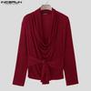 INCERUN Autumn Spring Men Swing Collar Long Sleeve Bandage Waist Casual Tops T-shirts