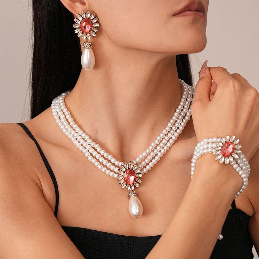 Flower Pearl Necklace Earring Set Shining Clavicle Chain Multilayer Jewelry Set Banquet