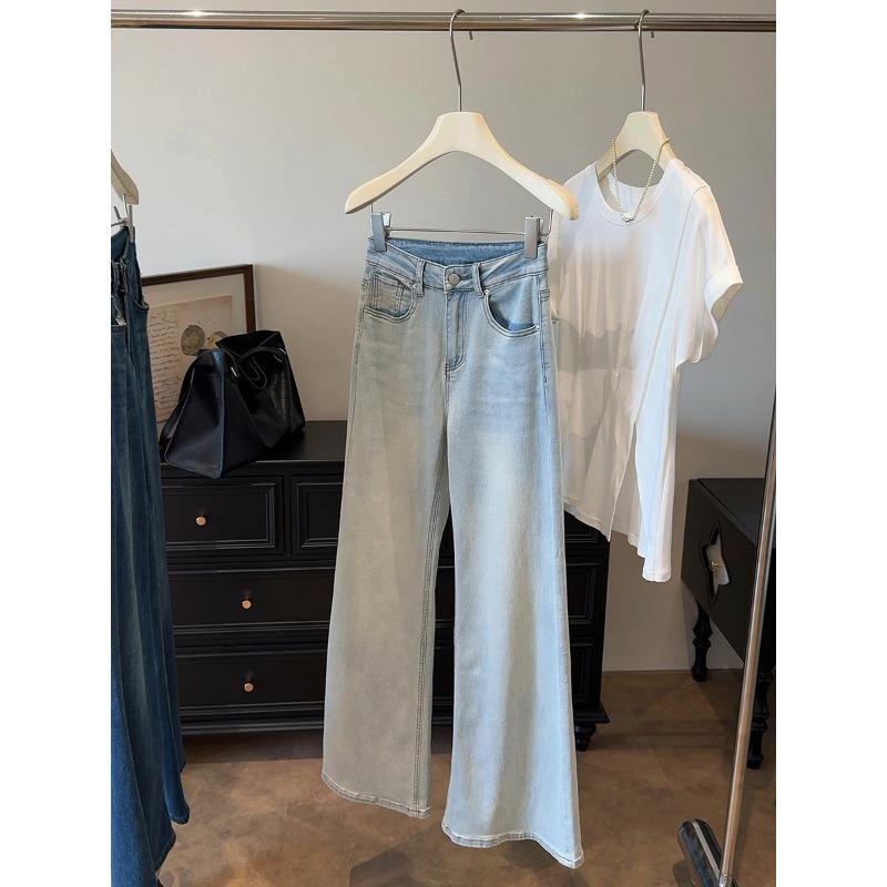 

Light blue high-waisted and slightly pulled jeans women s summer new loose non-stick leg drape floor horn trousers S светло-синий