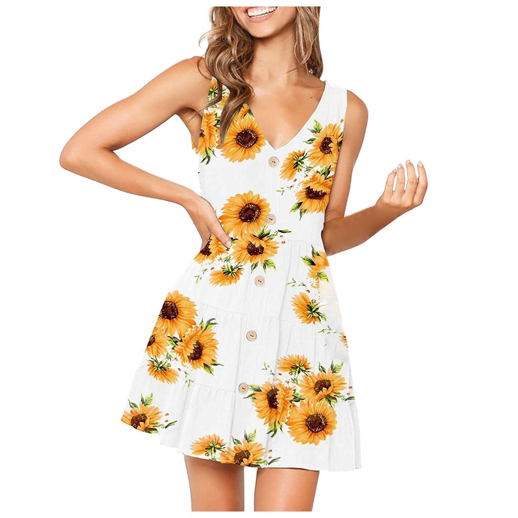 Fashion Women's Color V-neck Sleeveless Leisure Time Button Dress