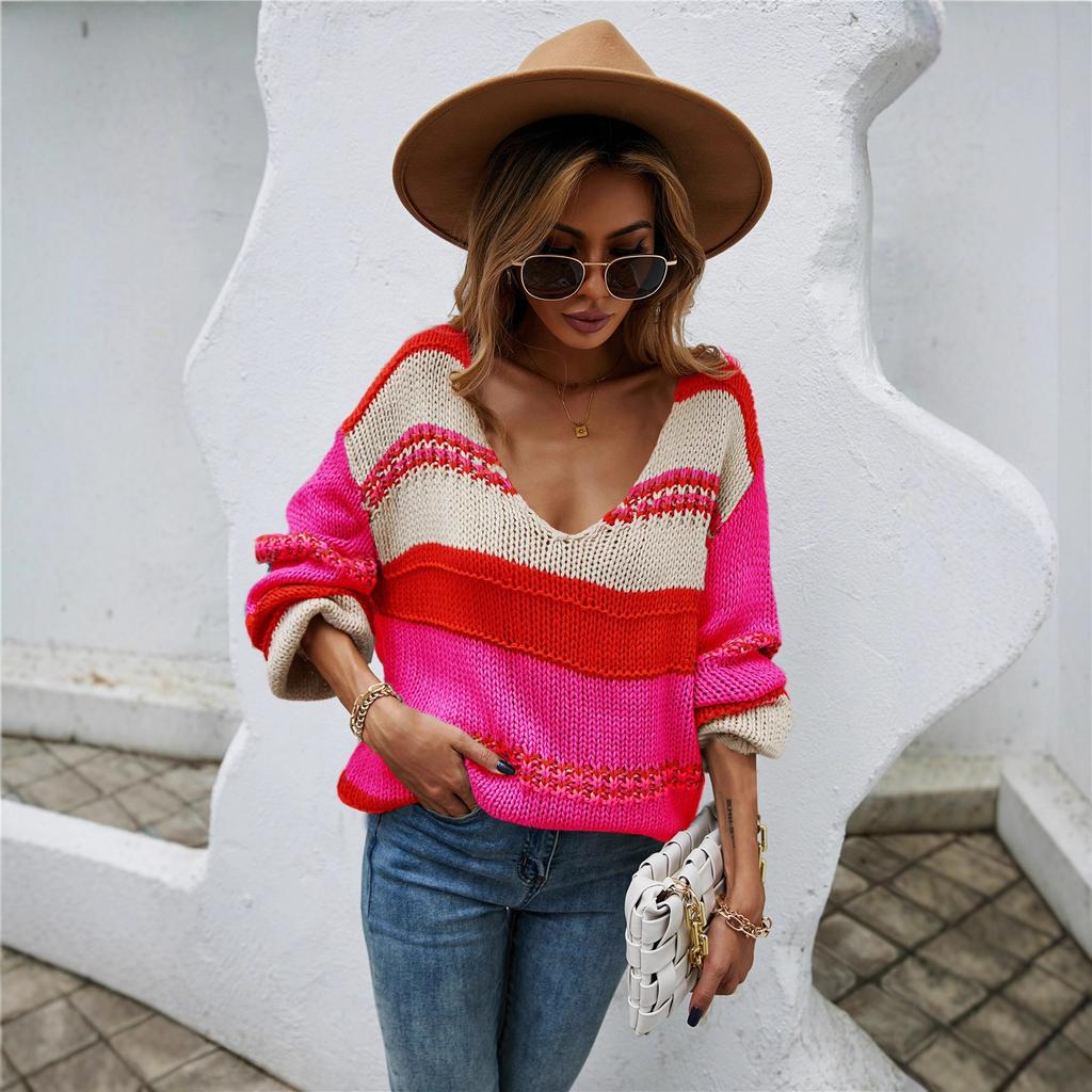 Spring New Arrival Patchwork V-Neck Loose Slim-Fit Sweater