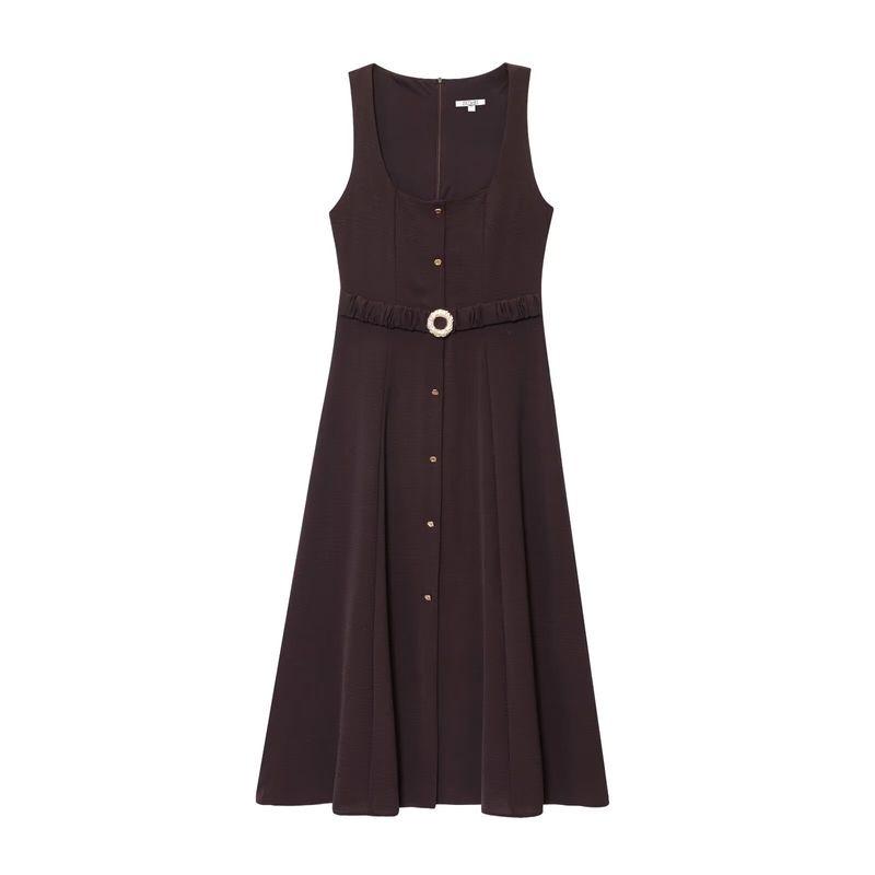 

Kaslead New Women clothes Western Style Fashion With Belt Square Collar Sling Midi Dress 5029124 Brown L