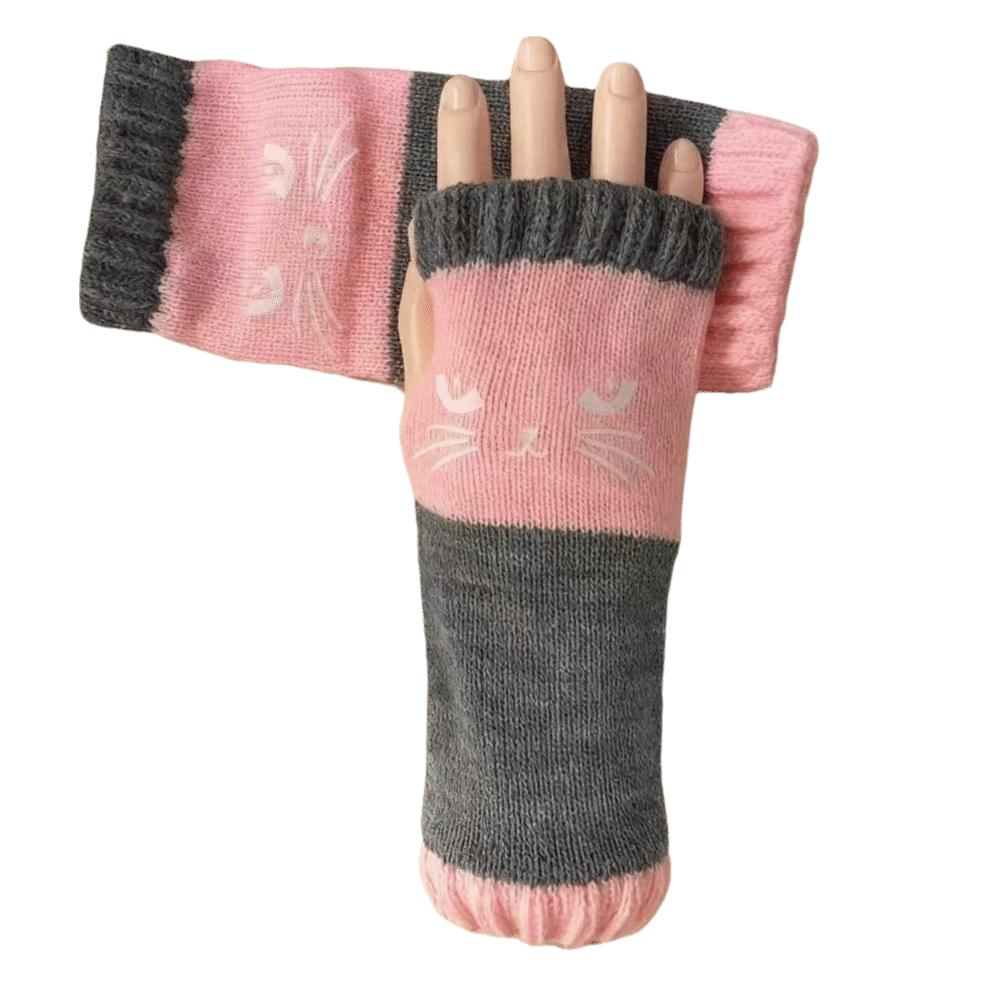 Thick Half Finger Gloves Thickened Cat Embroidery Gloves Vintage Knitted Fingerless Gloves Girls