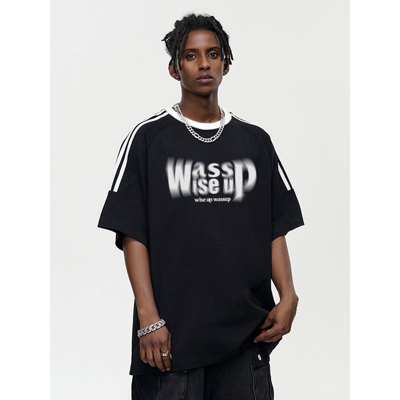 Wassup Heods Trendy Brand Webbing Short-Sleeve T-Shirt for Men, Summer Loose American-Style Phantom Letter T-Shirt Top