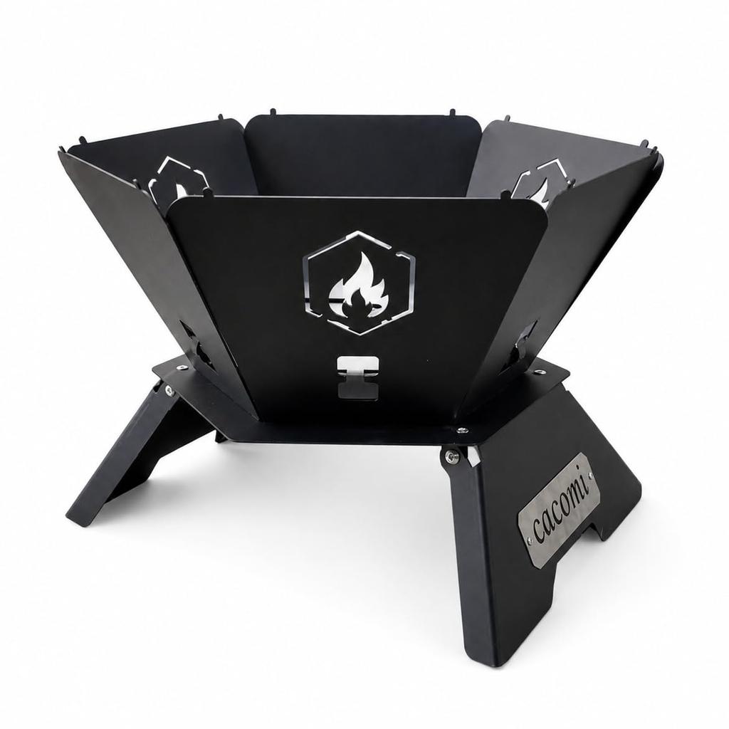 cacomi Rokuen Black Steel Finish Compact Folding Fire Pit Made in Japan Solo Use Easy Assembly Rugged Iron Hexagonal Shape Original Design by Shinsei