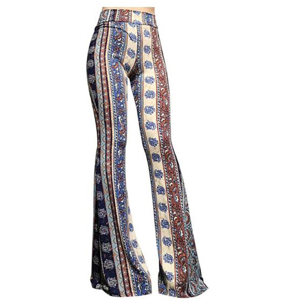 Women s High Waist Flare Pants Boho Print Casual Yoga Bell Bottom Trousers S