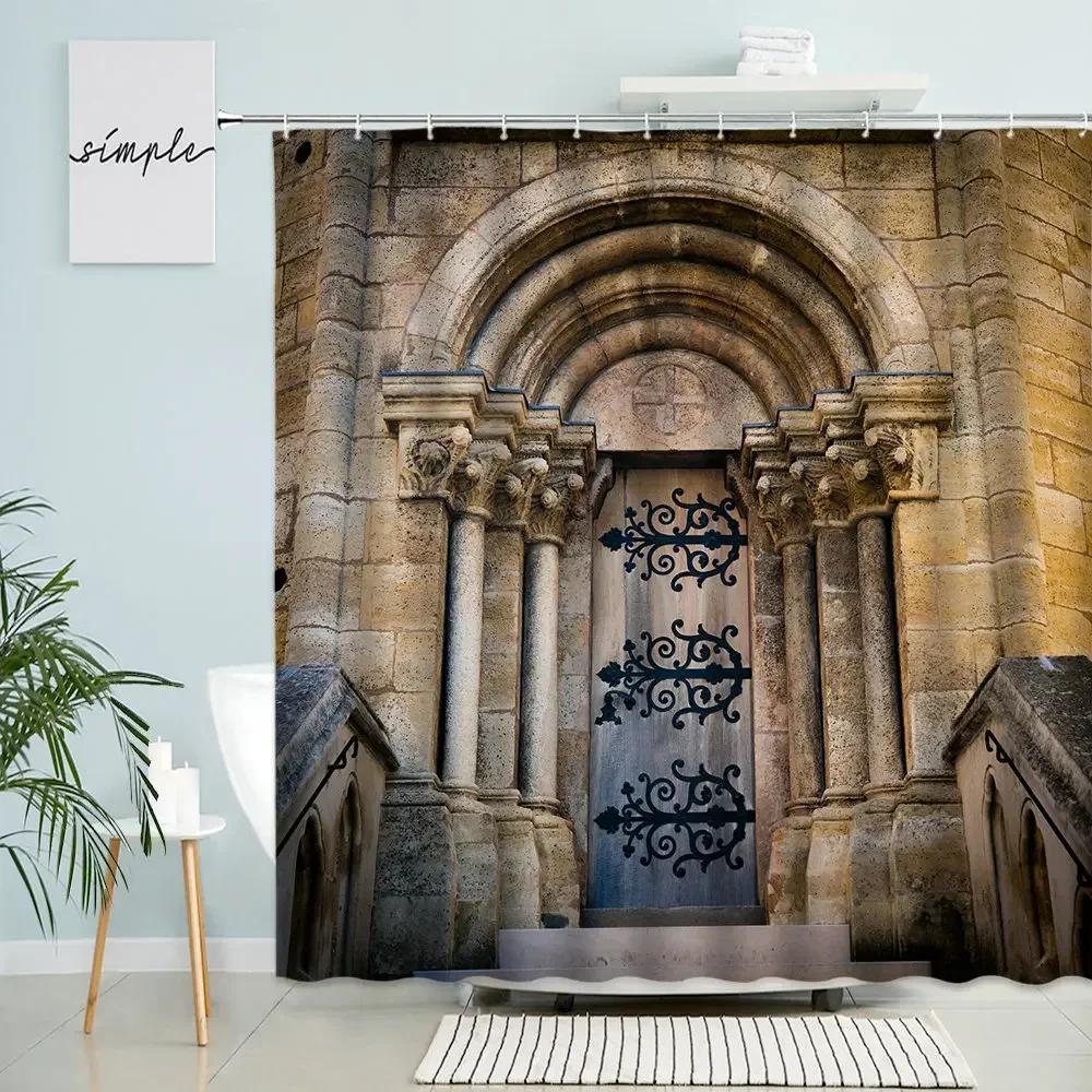 Morocco Arched Building Shower Curtain Gothic Retro Old Geometric Brick Wall Door Home Bathroom Waterproof Curtains Home Decor