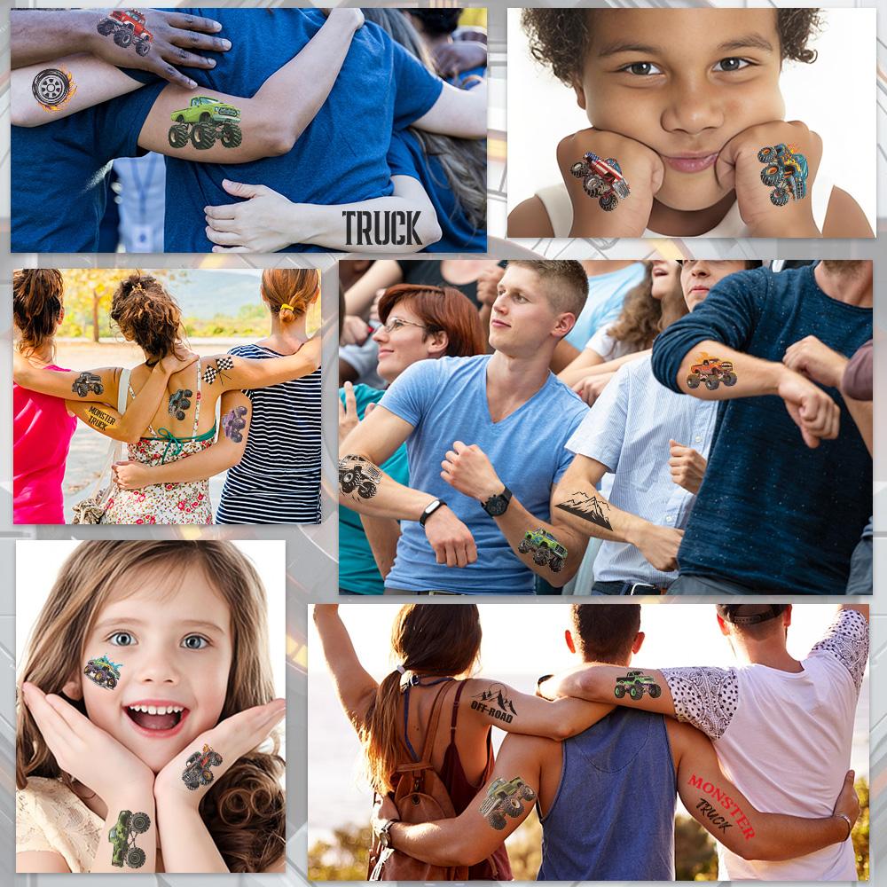 10 Vel Kleurrijke Monster Trucks Tattoo Stickers Voor Gezicht Arm Lichaam Decoratieve Waterdichte Tattoo Stickers Jongens Creatieve Cadeaus