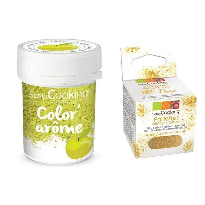 Colorant alimentaire vert arôme pomme + paillettes dorées
