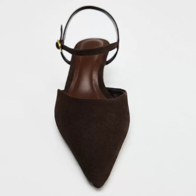 Brown Faux Suede Pointed Toe Pumps for Women Fashion Ankle Strap Kitten Heel Designer Shoes Unique Metal Buckle Slingback Shoes
