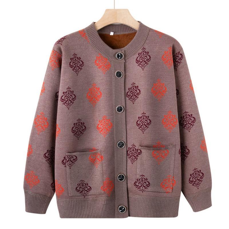 

Бабушкин осенне-зимний плюшевый свитер-кардиган для женщин среднего и пожилого возраста, новый вязаный свитер-жакет для мамы, утолщенный топ 4XL (recommended 150-82.5kg)