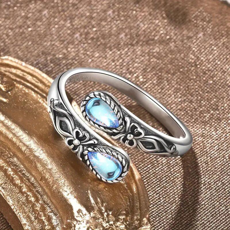 Fashionable Retro European Ring for Women, Open Water Droplets Imitation Moonstone, Popular Ethnic Jewelry