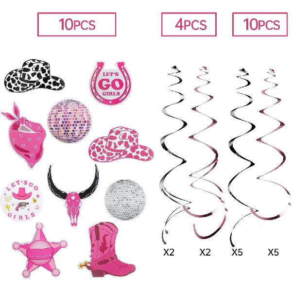 Western Cowgirl Party Hanging Decorations, Disco Birthday Party Decor Supplies - Hot Pink Happy Birthday Banner, Hanging Swirls for Bachelorette